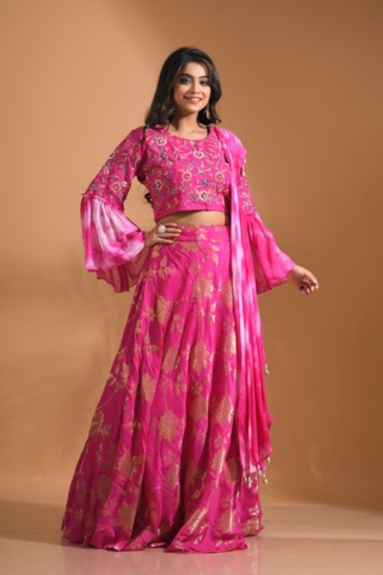 Morchari Crop Top With Tie & Dye Dupatta Hand Embroidery - Pink | Grocsy
