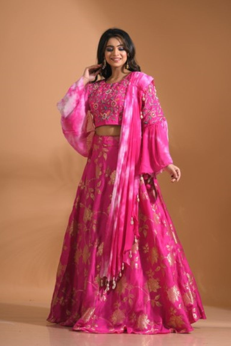 Morchari Crop Top With Tie & Dye Dupatta Hand Embroidery - Pink | Grocsy