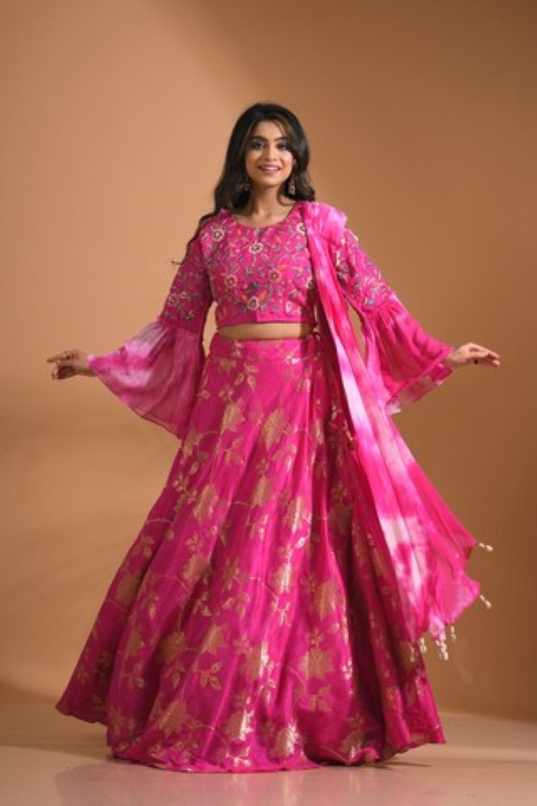 Morchari Crop Top With Tie & Dye Dupatta Hand Embroidery - Pink | Grocsy