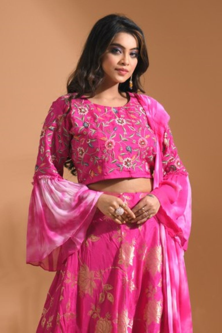 Morchari Crop Top With Tie & Dye Dupatta Hand Embroidery - Pink | Grocsy