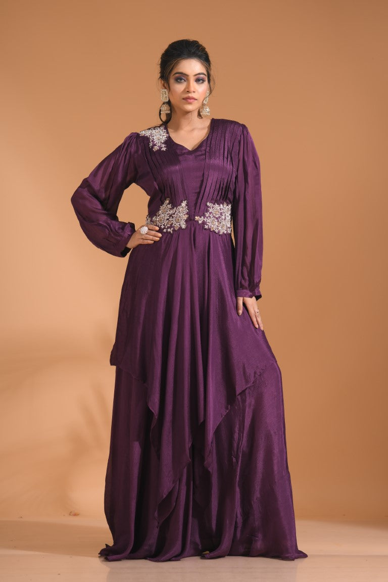 Morchari Long Gown With Hand Embroidery - Wine | Grocsy