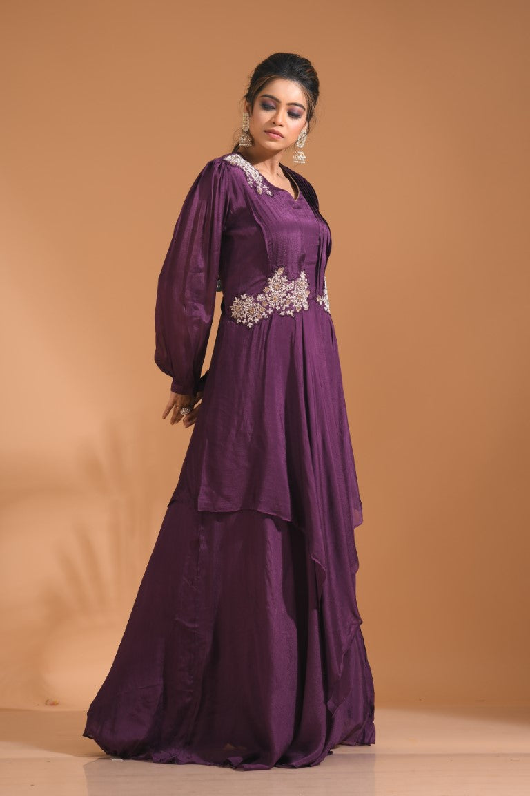 Morchari Long Gown With Hand Embroidery - Wine | Grocsy