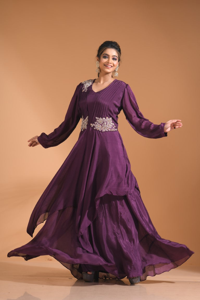 Morchari Long Gown With Hand Embroidery - Wine | Grocsy