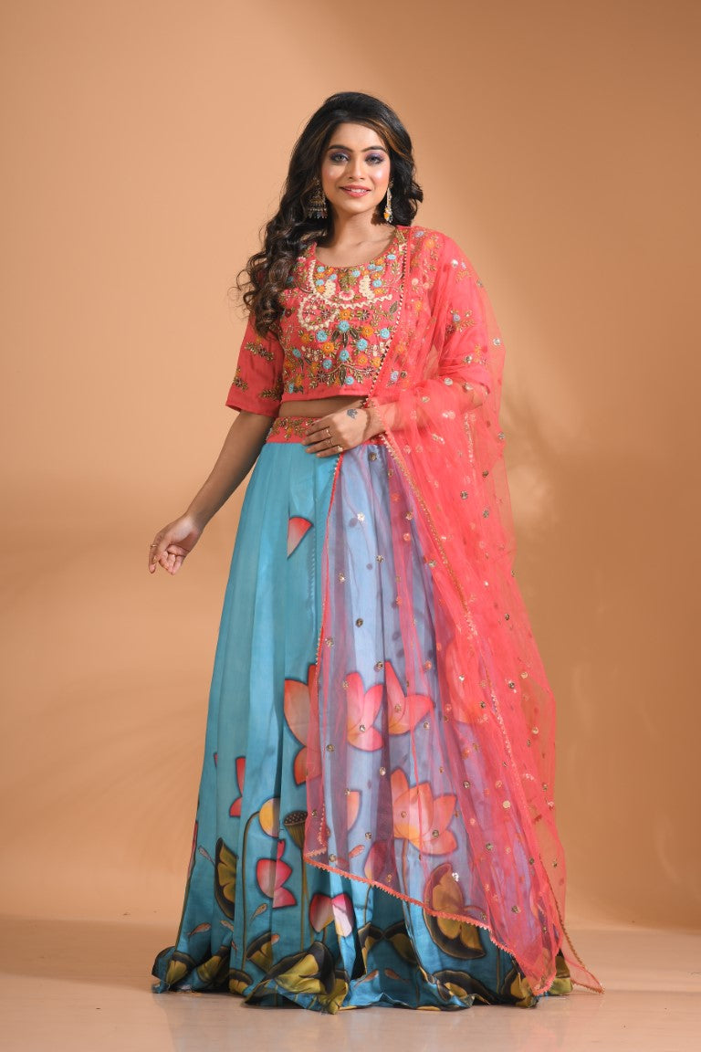 Morchari Crop Top With Net Dupatta - Multicolour | Grocsy