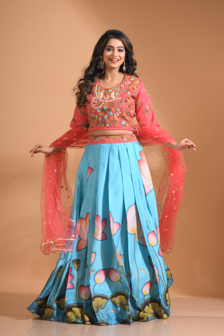 Morchari Crop Top With Net Dupatta - Multicolour | Grocsy