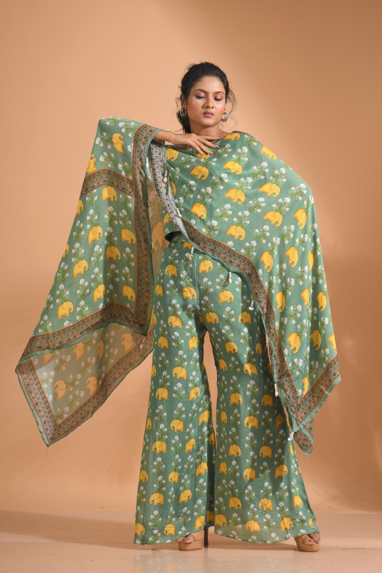 Morchari Kaftan Set With Hand Embroidery - Green | Grocsy