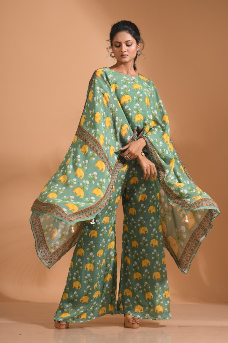 Morchari Kaftan Set With Hand Embroidery - Green | Grocsy