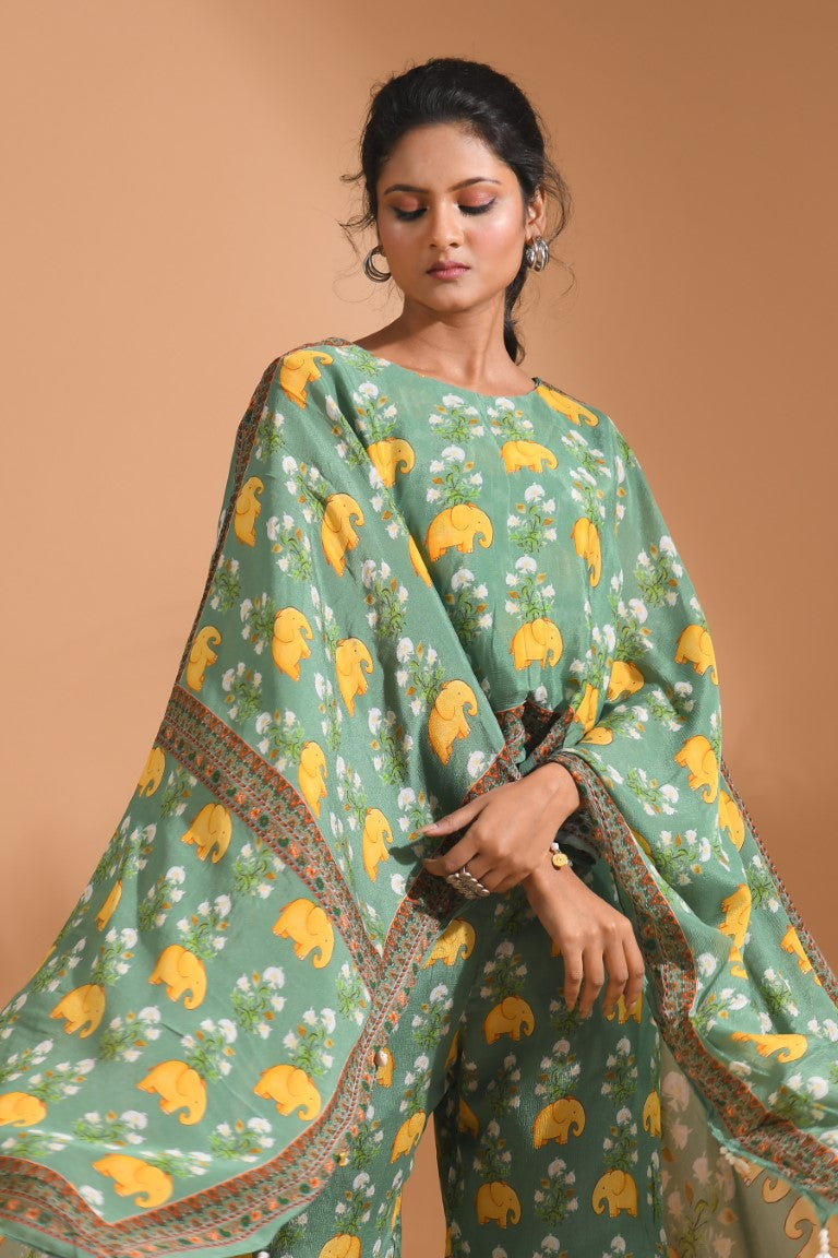 Morchari Kaftan Set With Hand Embroidery - Green | Grocsy