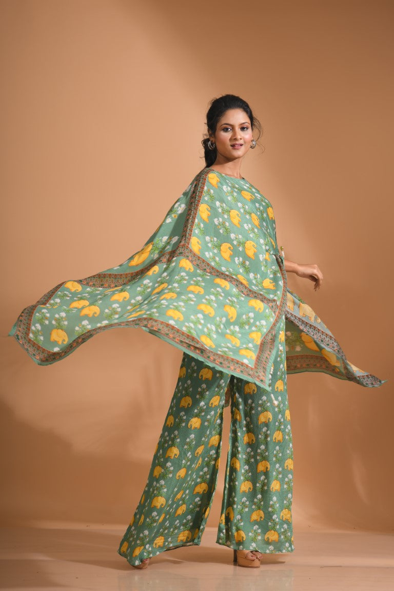 Morchari Kaftan Set With Hand Embroidery - Green | Grocsy