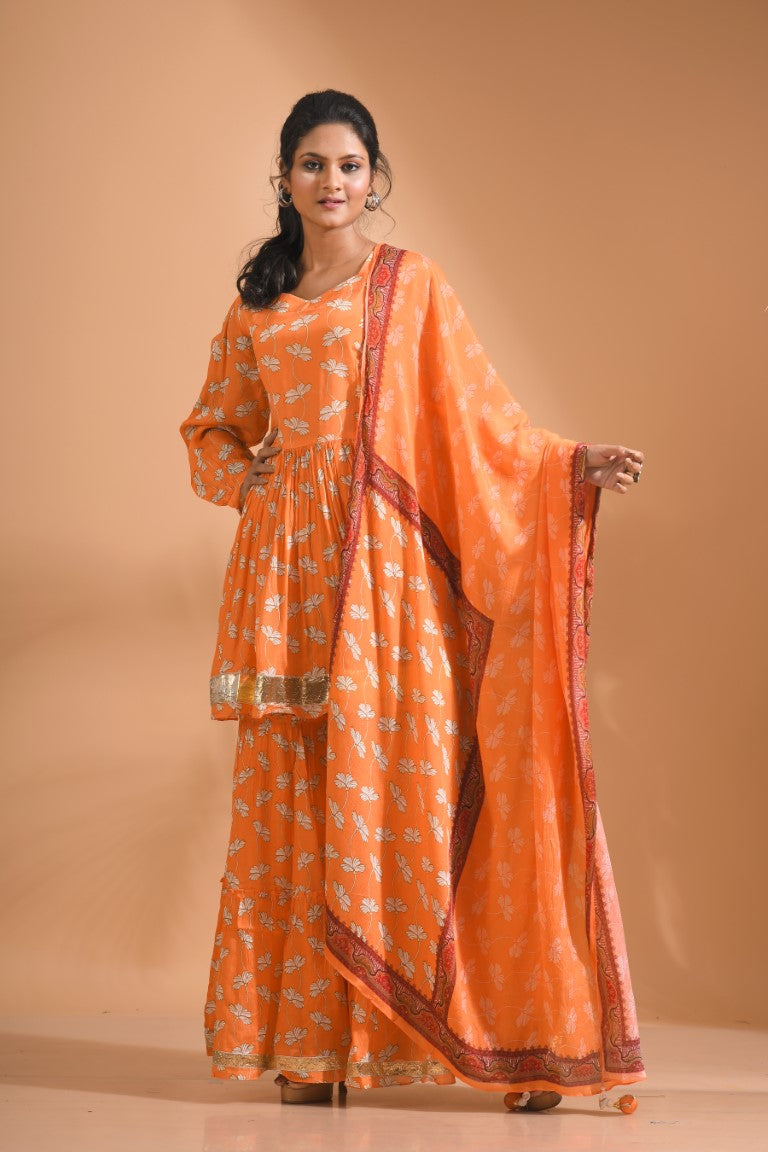 Morchari Sharara Top Set With Dupatta - Orange | Grocsy