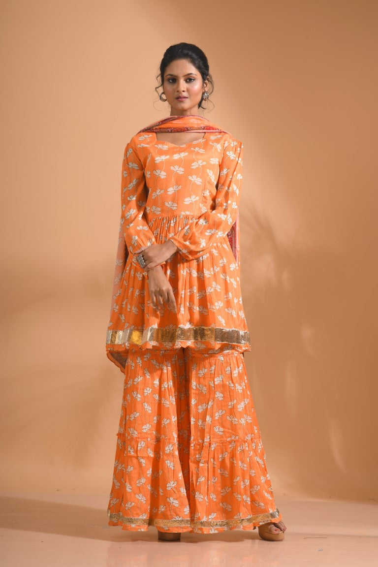 Morchari Sharara Top Set With Dupatta - Orange | Grocsy