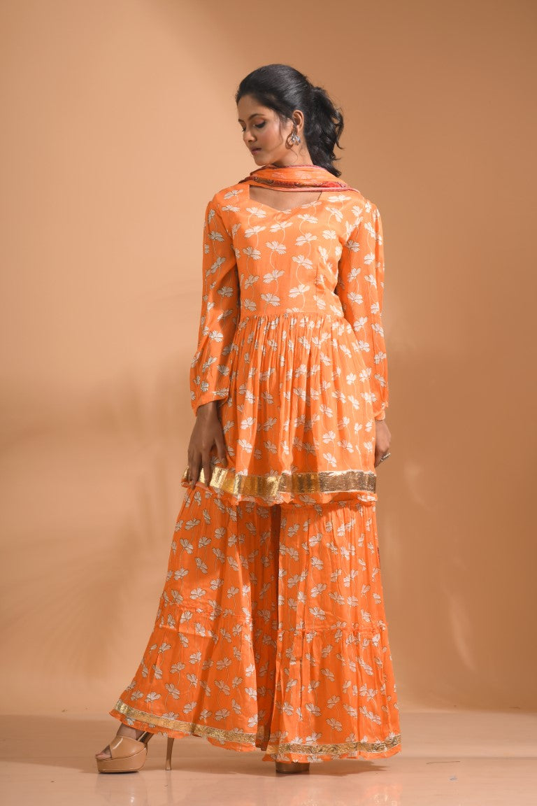 Morchari Sharara Top Set With Dupatta - Orange | Grocsy