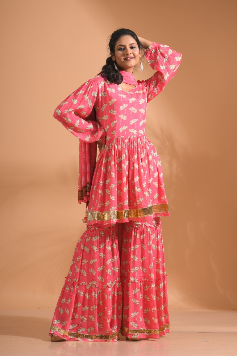 Morchari Sharara Top Set With Dupatta - Red | Grocsy
