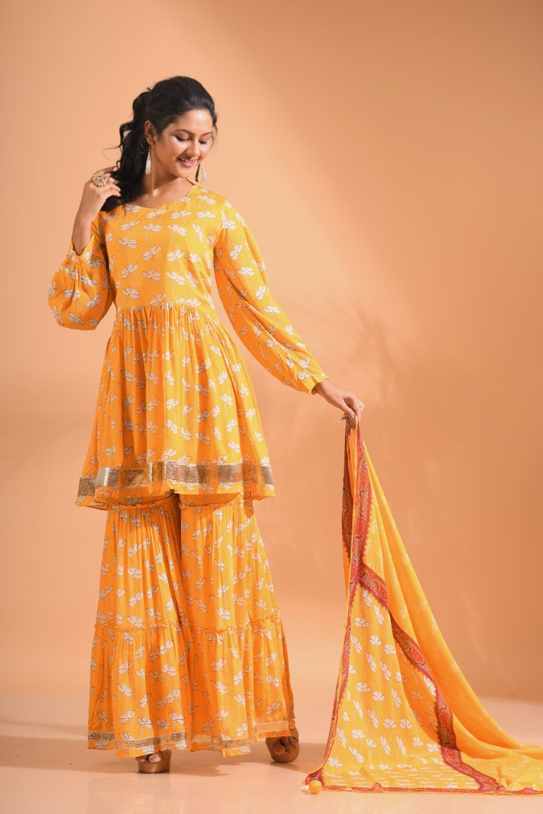 Morchari Sharara Top Set With Dupatta - Yellow | Grocsy