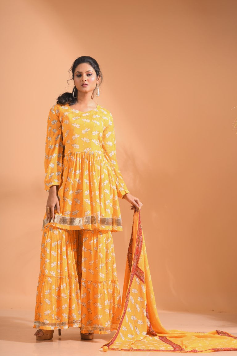 Morchari Sharara Top Set With Dupatta - Yellow | Grocsy