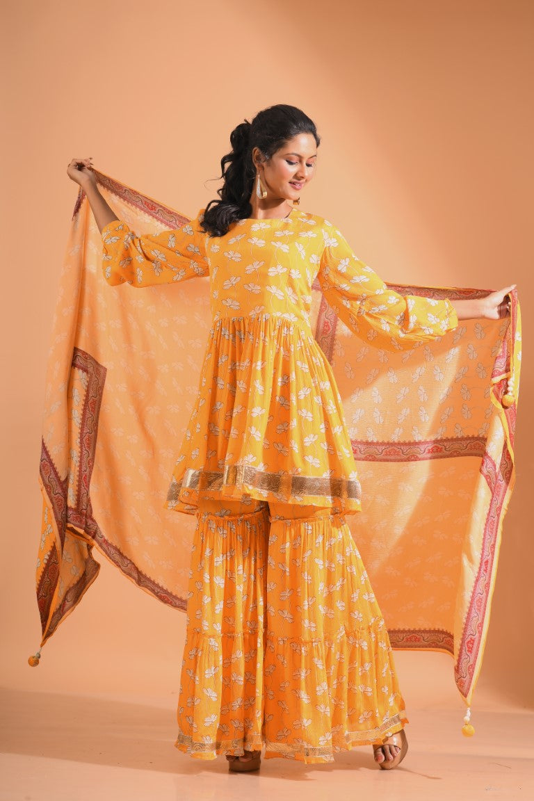 Morchari Sharara Top Set With Dupatta - Yellow | Grocsy