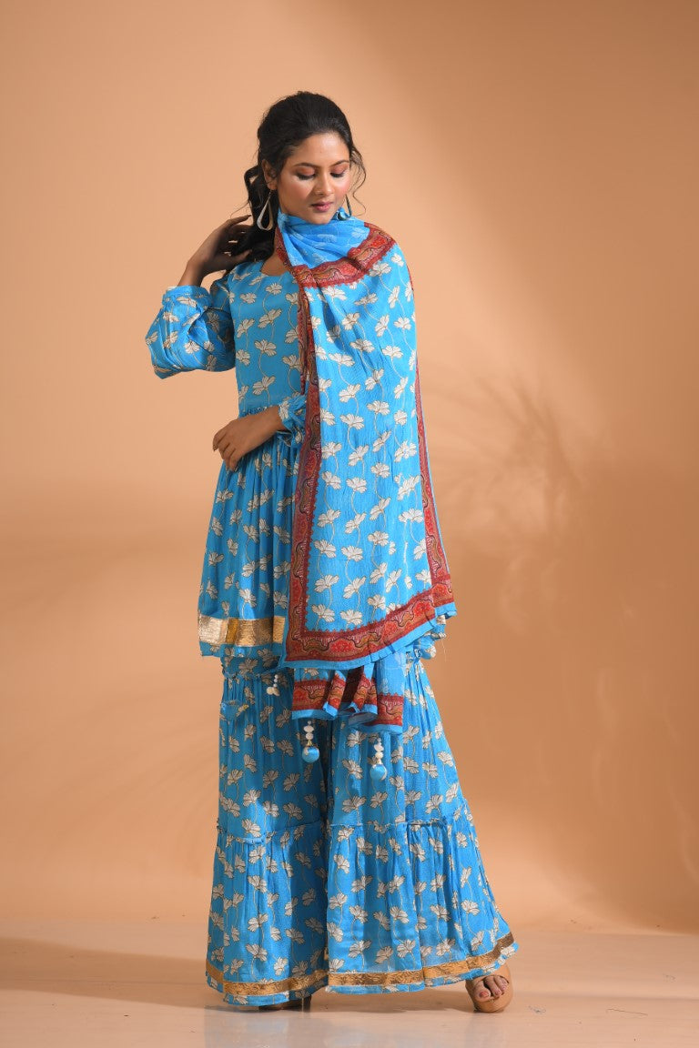 Morchari Sharara Top Set With Dupatta - Blue | Grocsy