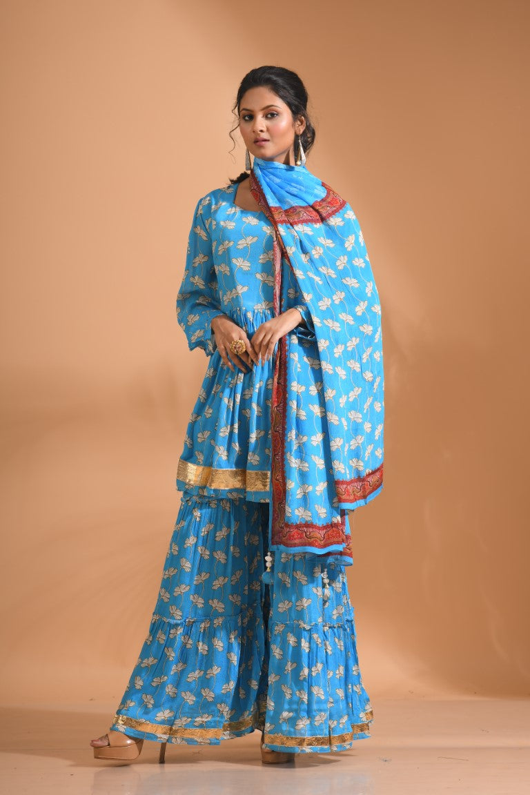 Morchari Sharara Top Set With Dupatta - Blue | Grocsy