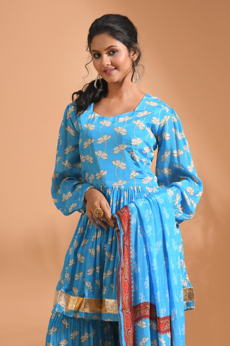 Morchari Sharara Top Set With Dupatta - Blue | Grocsy