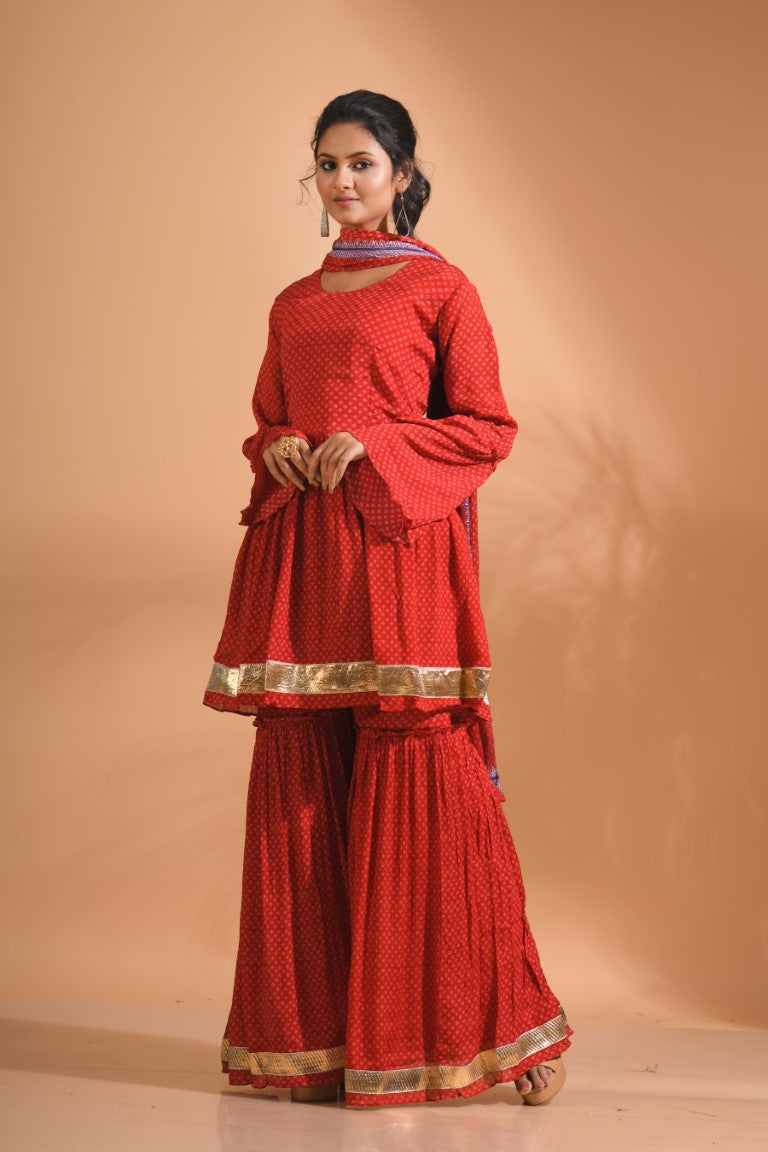 Morchari Sharara Top Set With Dupatta - Red | Grocsy