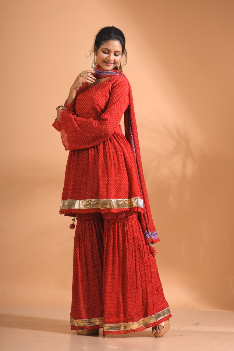 Morchari Sharara Top Set With Dupatta - Red | Grocsy