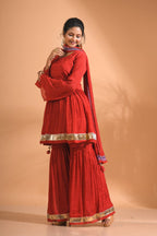 Morchari Sharara Top Set With Dupatta - Red | Grocsy