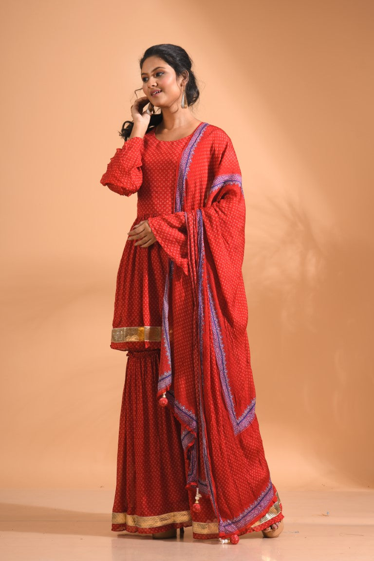 Morchari Sharara Top Set With Dupatta - Red | Grocsy