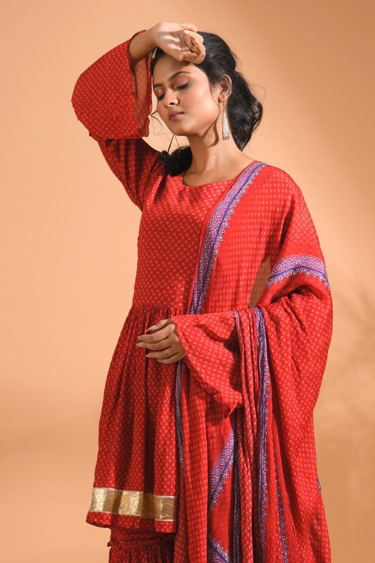 Morchari Sharara Top Set With Dupatta - Red | Grocsy