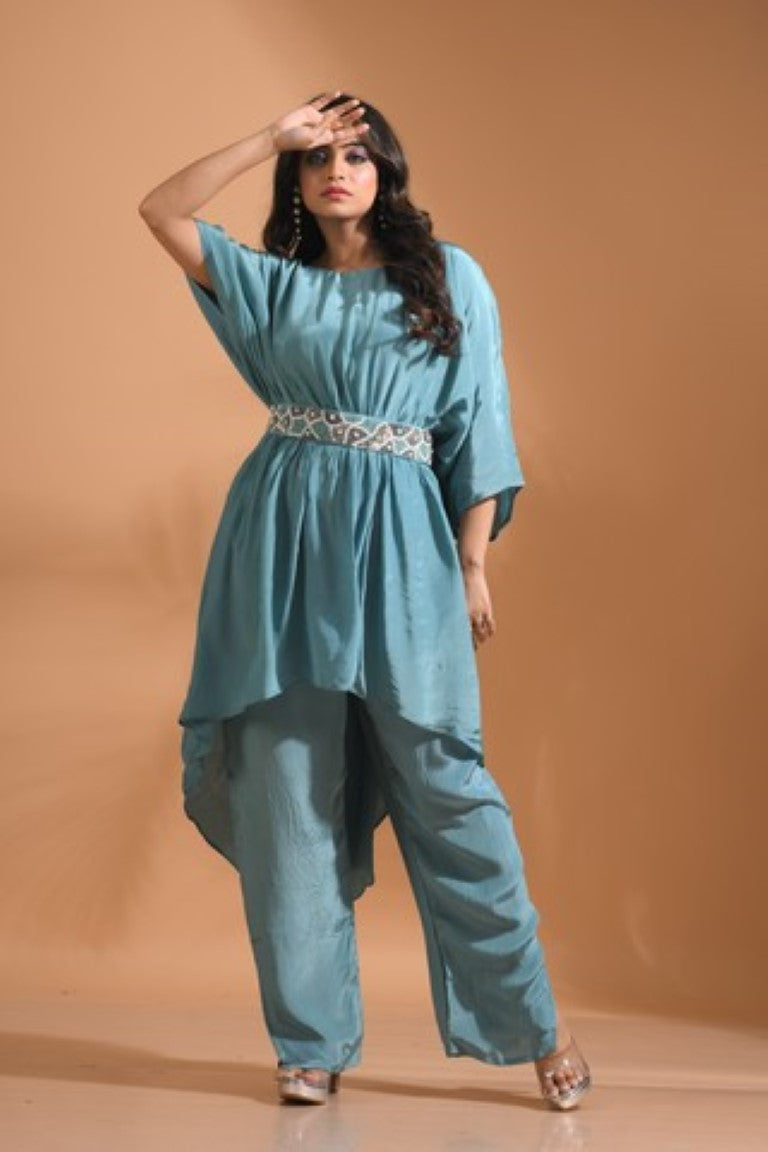 Morchari Kaftan Set With Pant - Sky Blue | Grocsy