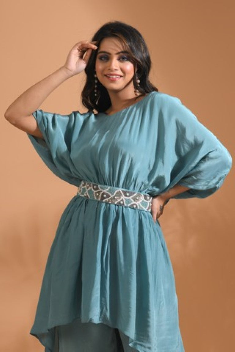 Morchari Kaftan Set With Pant - Sky Blue | Grocsy