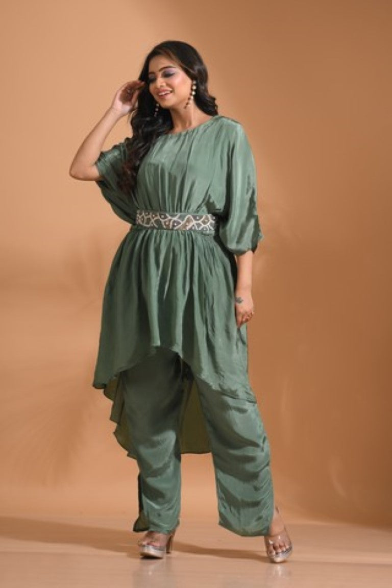 Morchari Kaftan Set With Pant - Green | Grocsy