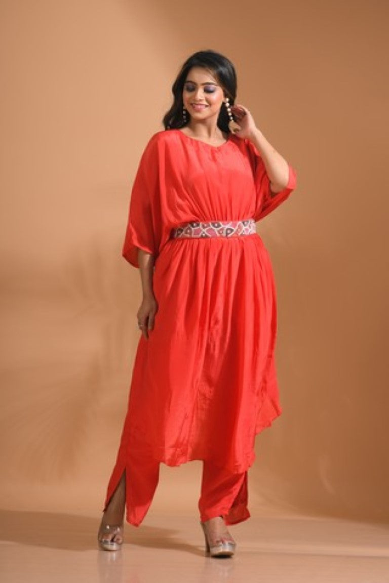 Morchari Kaftan Set With Pant - Red | Grocsy