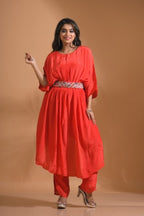 Morchari Kaftan Set With Pant - Red | Grocsy