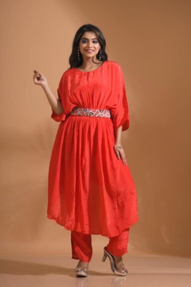 Morchari Kaftan Set With Pant - Red | Grocsy