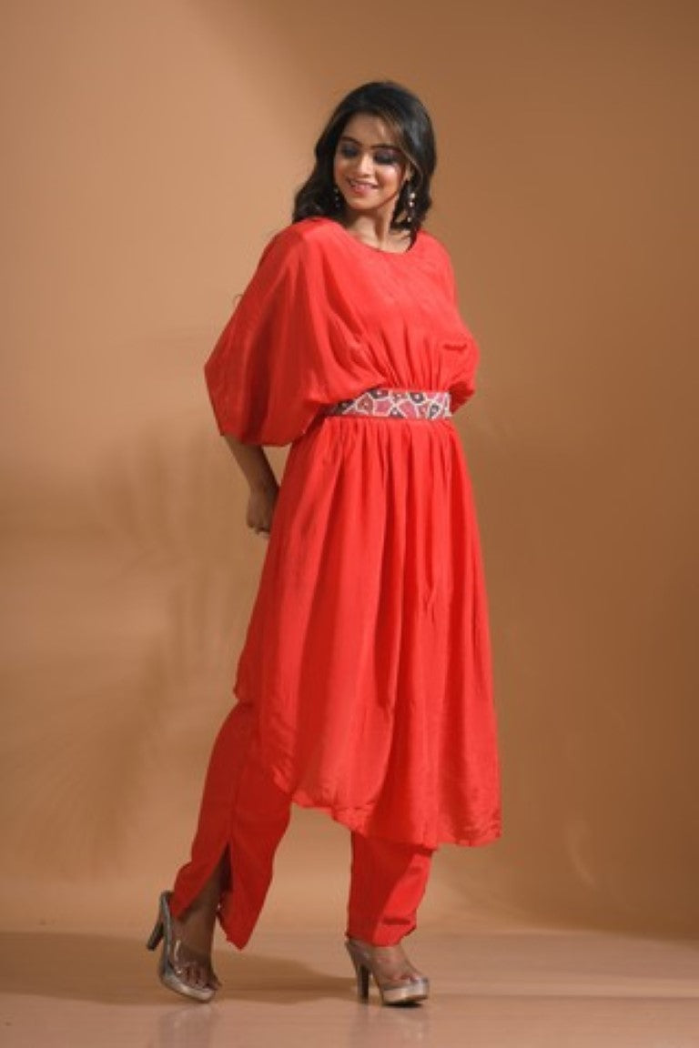 Morchari Kaftan Set With Pant - Red | Grocsy