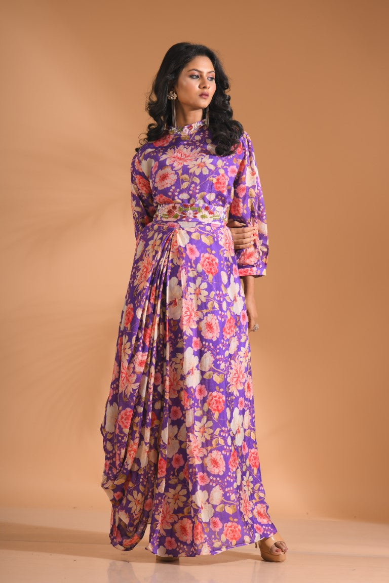 Morchari Long Gown With Hand Embroidery - Purple | Grocsy