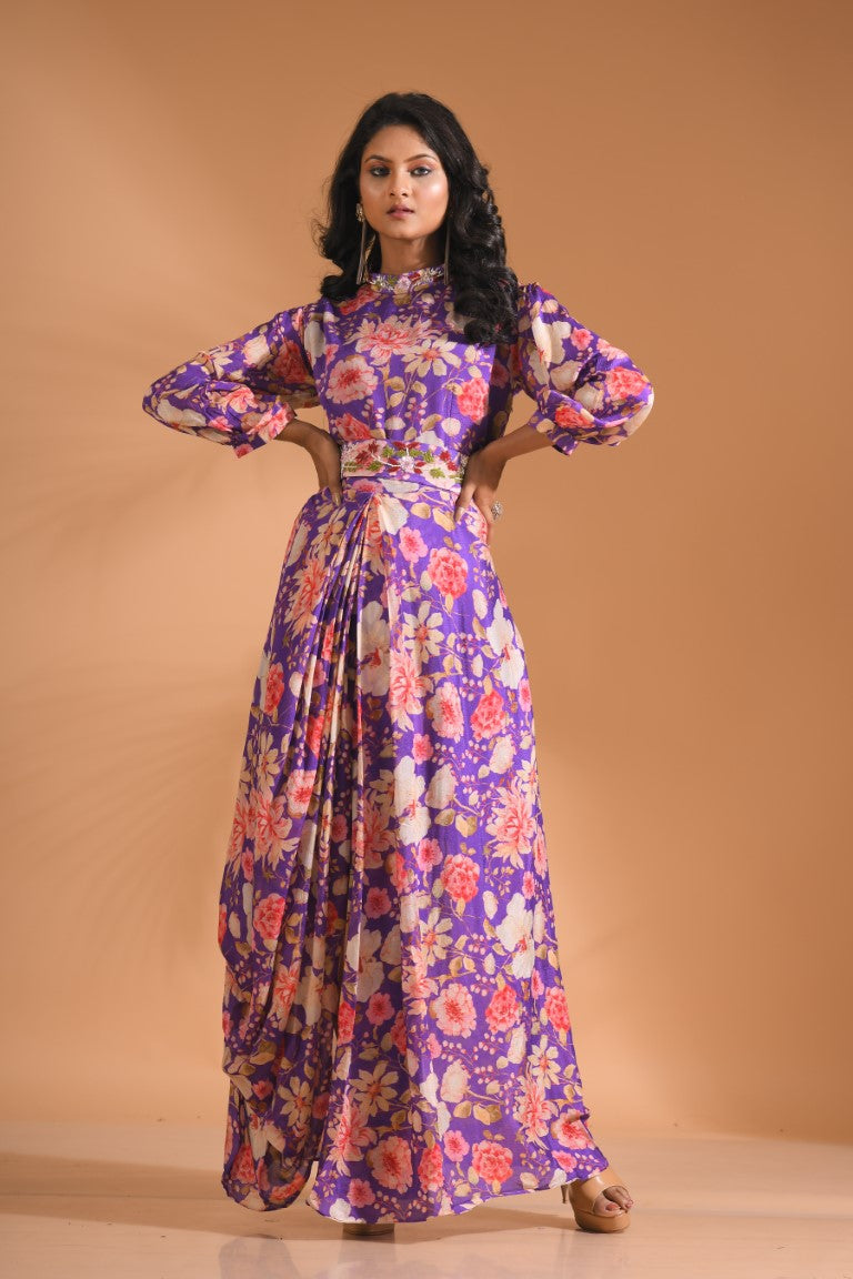Morchari Long Gown With Hand Embroidery - Purple | Grocsy