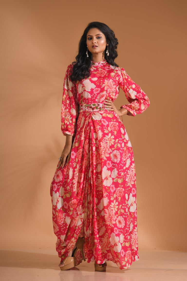 Morchari Long Gown With Hand Embroidery - Red | Grocsy