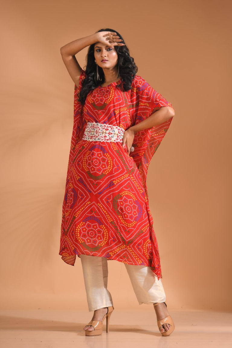Morchari Bandhani Kaftan And Golden Pant With Hand Embroidery - Red | Grocsy