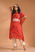 Morchari Bandhani Kaftan And Golden Pant With Hand Embroidery - Red | Grocsy