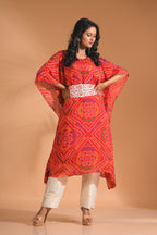 Morchari Bandhani Kaftan And Golden Pant With Hand Embroidery - Red | Grocsy
