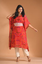 Morchari Bandhani Kaftan And Golden Pant With Hand Embroidery - Red | Grocsy