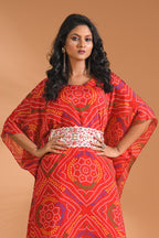 Morchari Bandhani Kaftan And Golden Pant With Hand Embroidery - Red | Grocsy