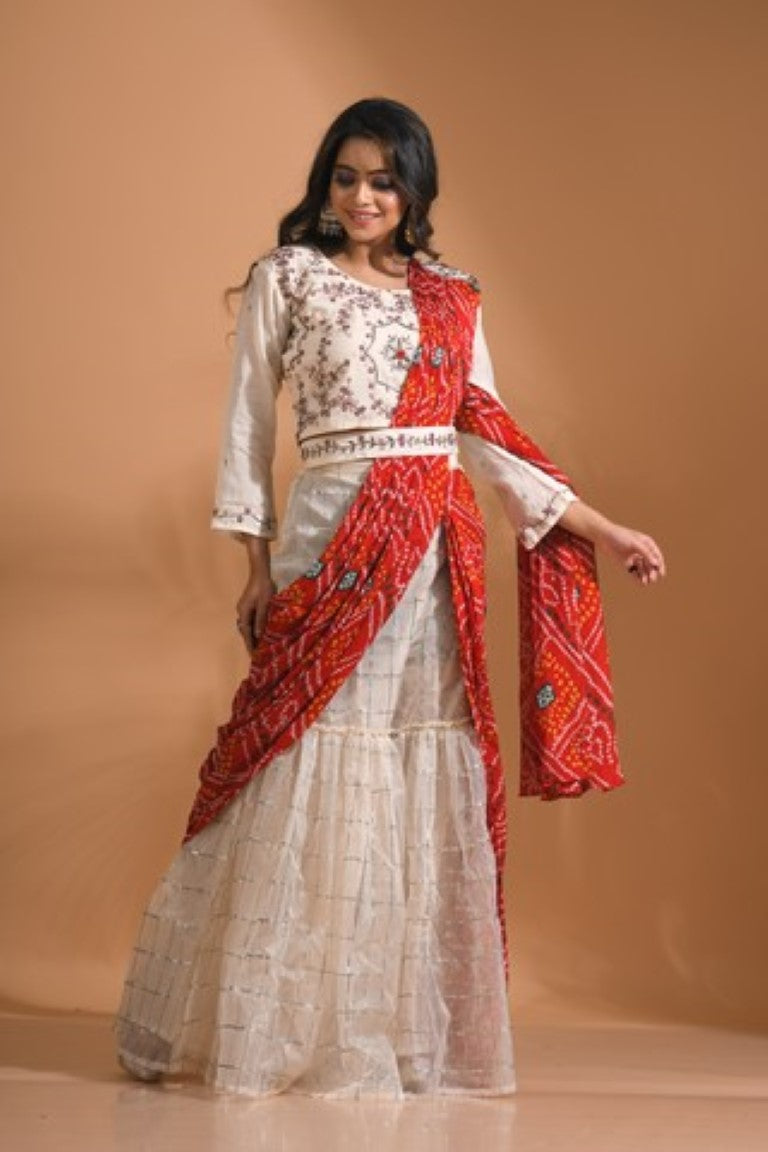 Morchari Sharara Set Attached With Dupatta With Hand Embroidery - Cream | Grocsy