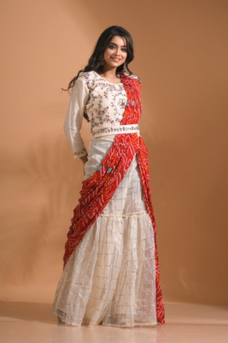 Morchari Sharara Set Attached With Dupatta With Hand Embroidery - Cream | Grocsy