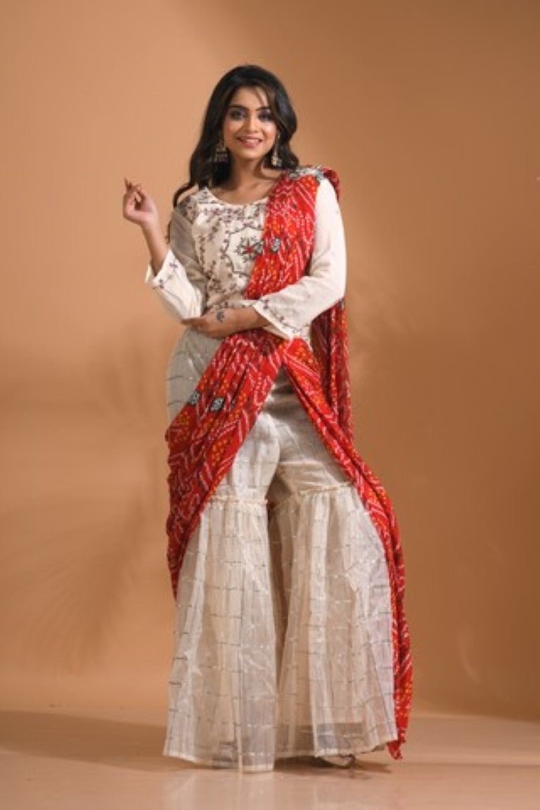 Morchari Sharara Set Attached With Dupatta With Hand Embroidery - Cream | Grocsy