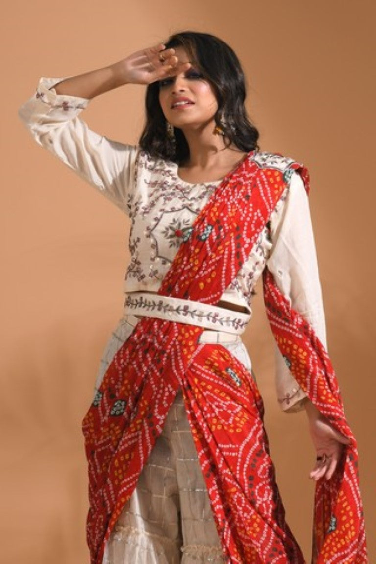 Morchari Sharara Set Attached With Dupatta With Hand Embroidery - Cream | Grocsy