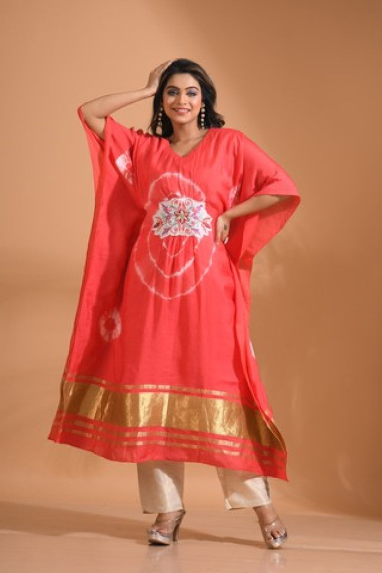 Morchari Kaftan Set With Embroidery - Red | Grocsy