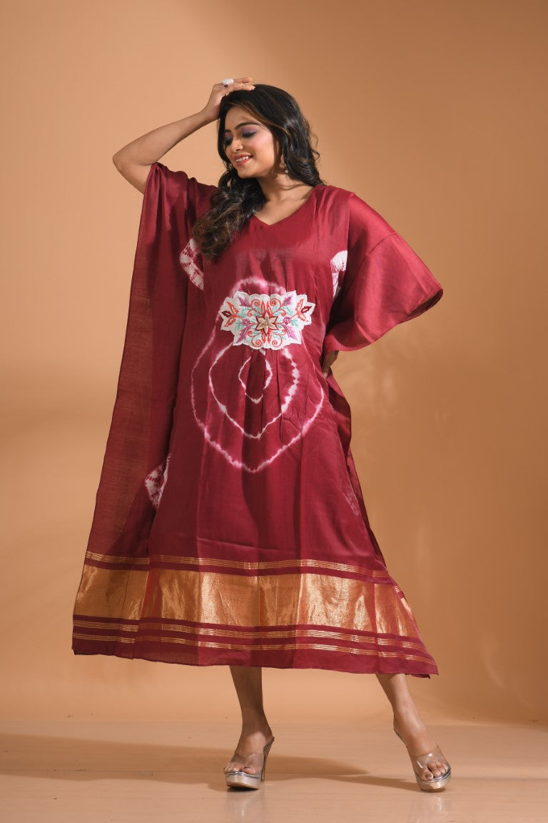 Morchari Kaftan Set With Embroidery - Maroon | Grocsy