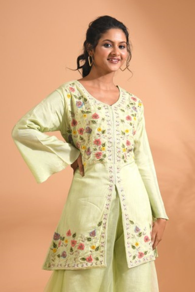 Morchari Co Ord Set With Hand Embroidery - Green | Grocsy